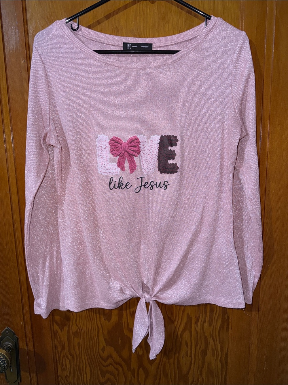 INC International Concepts Pink Long-Sleeve 'Love Like Jesus' Tie-Hem Top